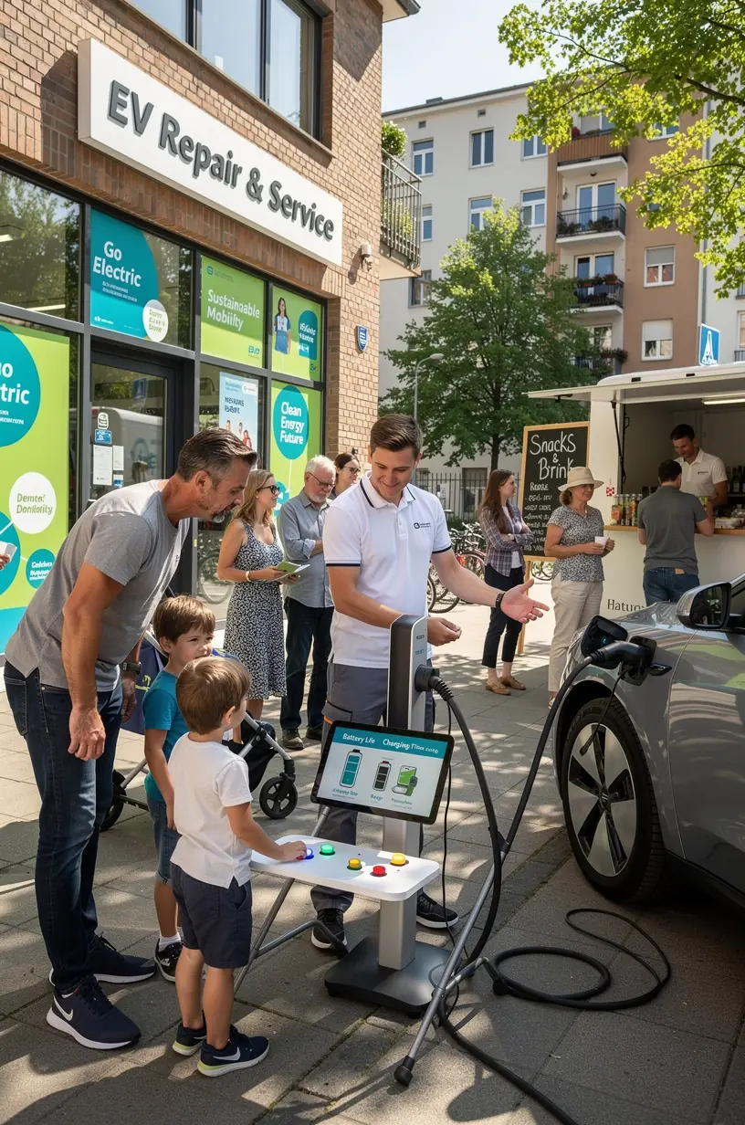 Fahrzeugheber hebt ein Elektroauto zur Inspektion des Unterbodens und der Bremsanlage an.